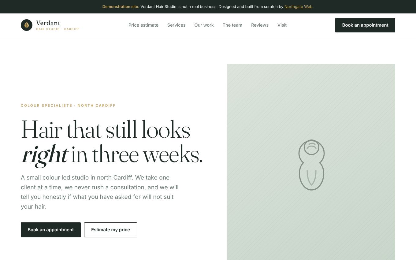 Concept website for a hair colour studio on a desktop screen