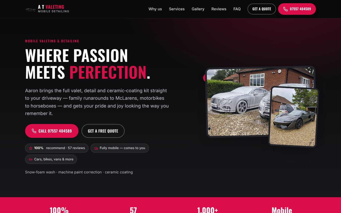 A T Valeting website on a desktop screen