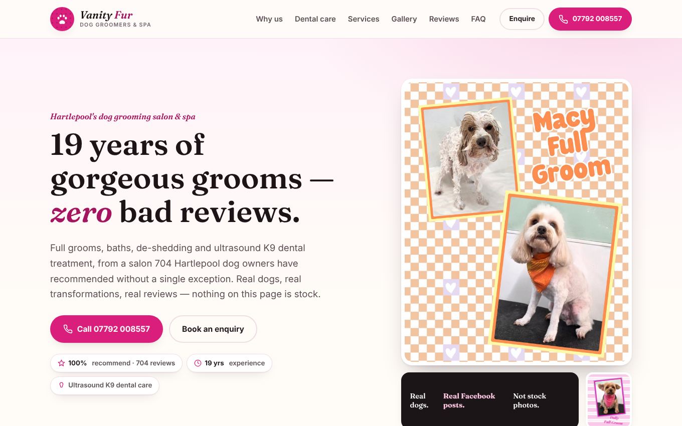 Vanity Fur Dog Groomers website on a desktop screen