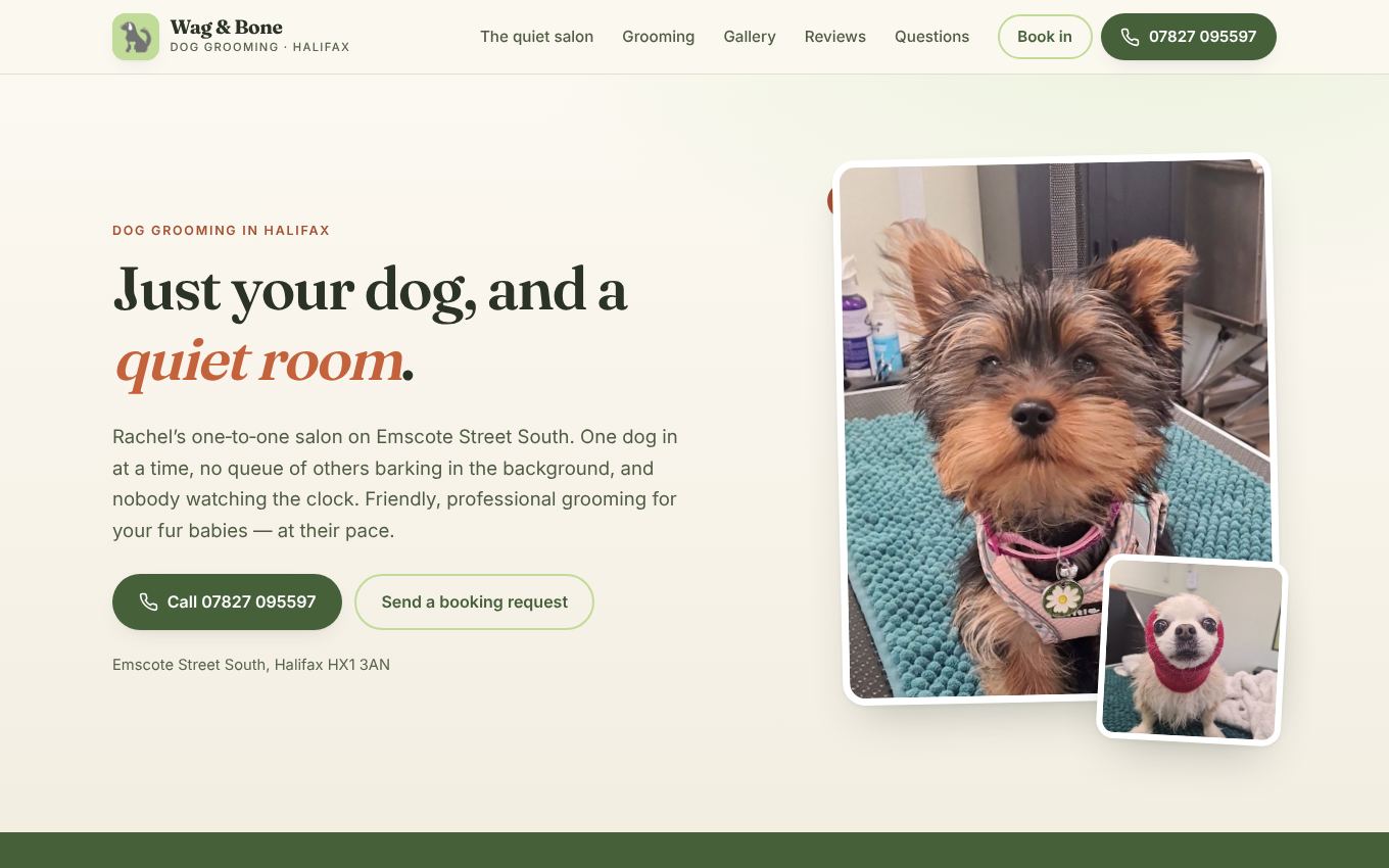 Wag and Bone Dog Grooming website on a desktop screen